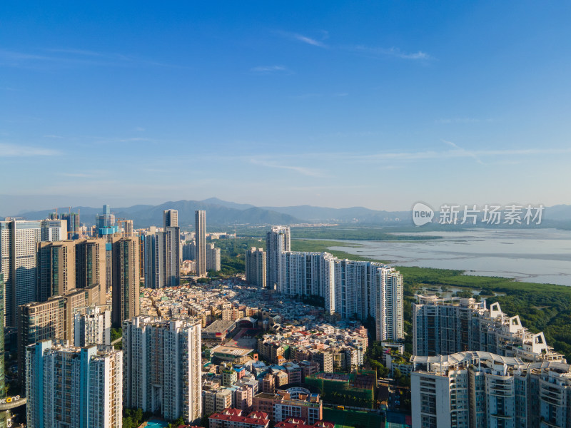 航拍广东深圳福田下沙城市包围农村景观