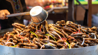 中国新疆国际大巴扎美食街的美食特写