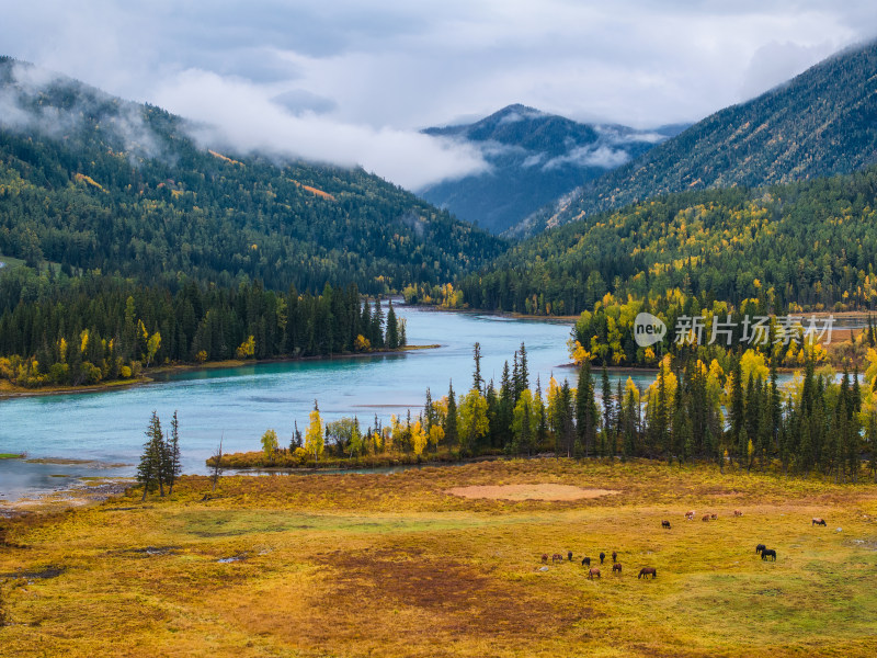 航拍新疆喀纳斯神仙湾秋景