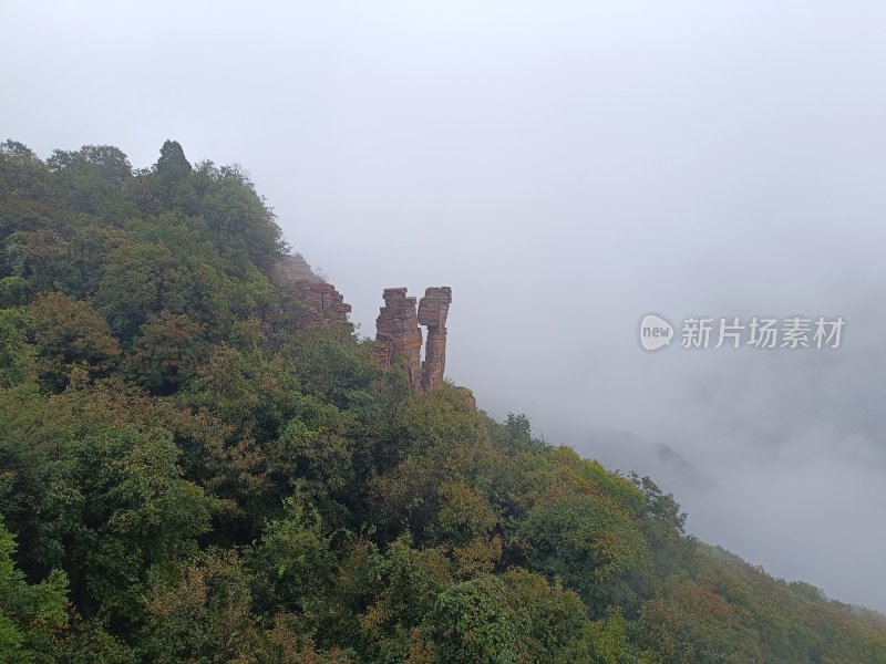 云雾缭绕的山林间独特岩石景观