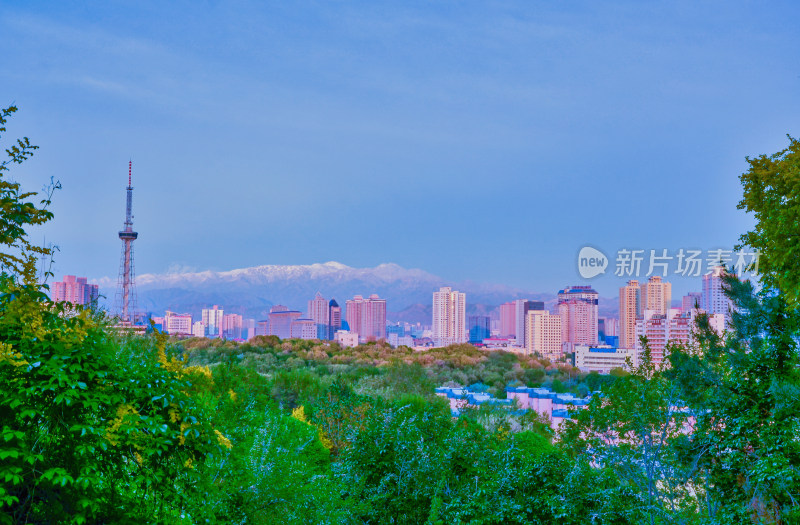 新疆乌鲁木齐城市高楼建筑与雪山景观