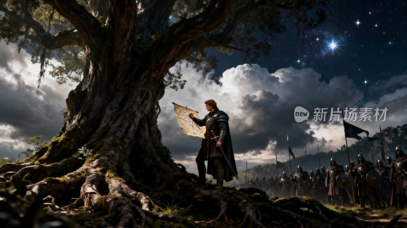 骑士于大树下查看地图场景