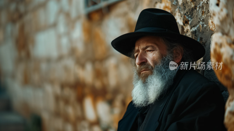 戴黑帽的白胡子老人靠墙而立