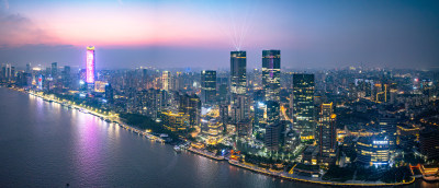 航拍上海陆家嘴高金融中心密集高楼群夜景