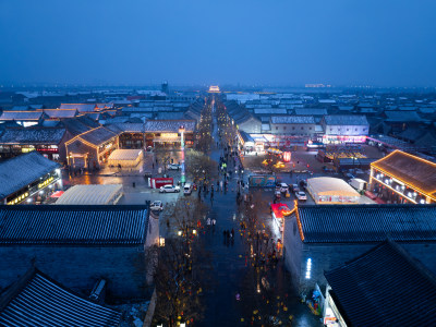 河南商丘古城雪景夜景航拍