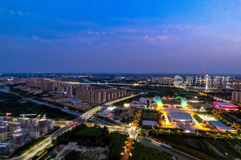 河南周口晚霞夜景航拍图