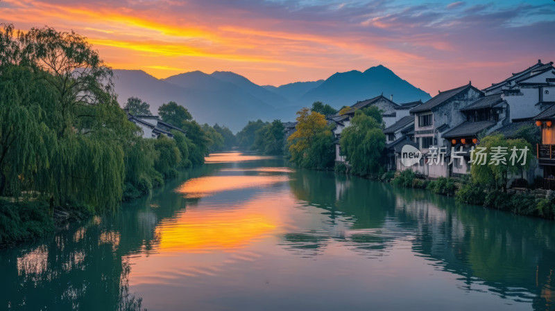 江南水乡古镇乌篷船夜景灯光倒影旅游背景