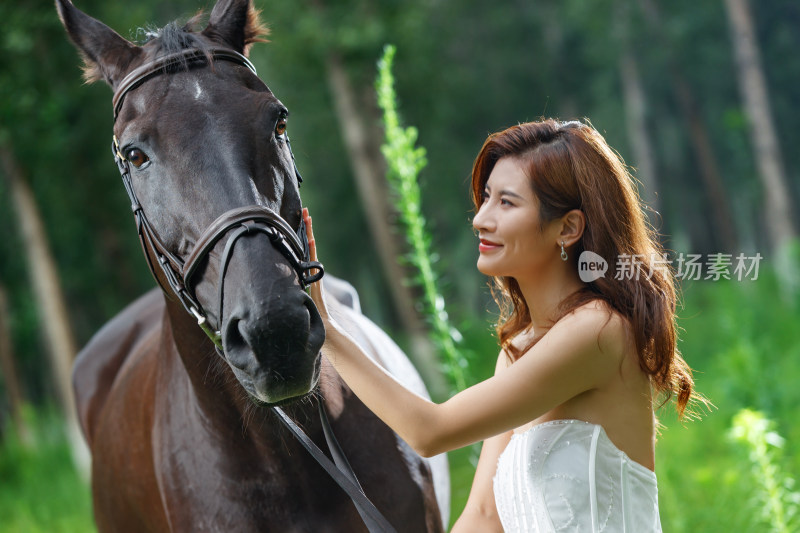 户外漂亮的年轻女人抚摸着马