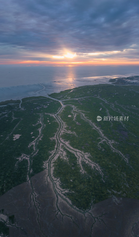 日出时分的海边滩涂航拍景观