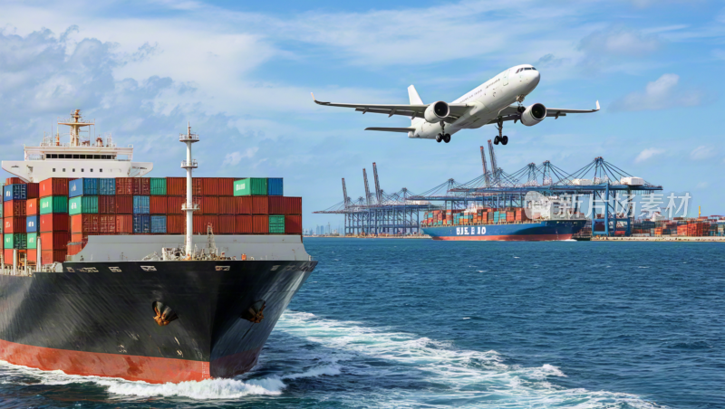 港口货轮与飞机起飞的场景
