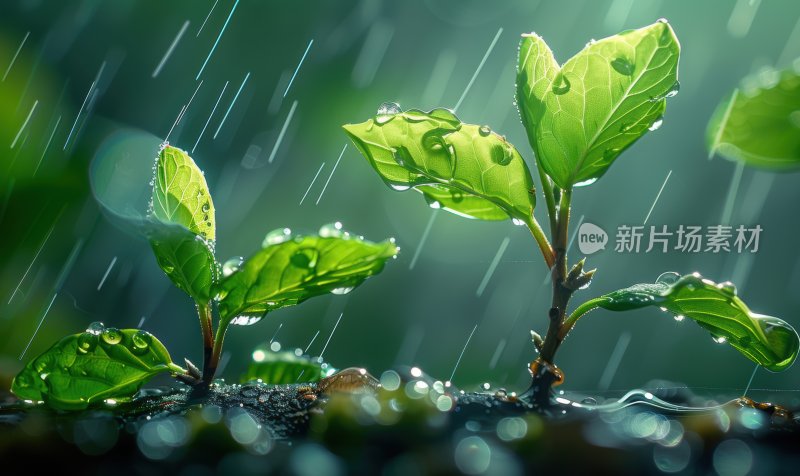 绿叶新芽春雨发芽小雨绿色生态背景