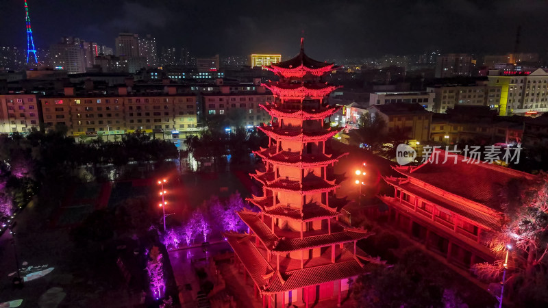 甘肃张掖木塔寺夜景灯光航拍图