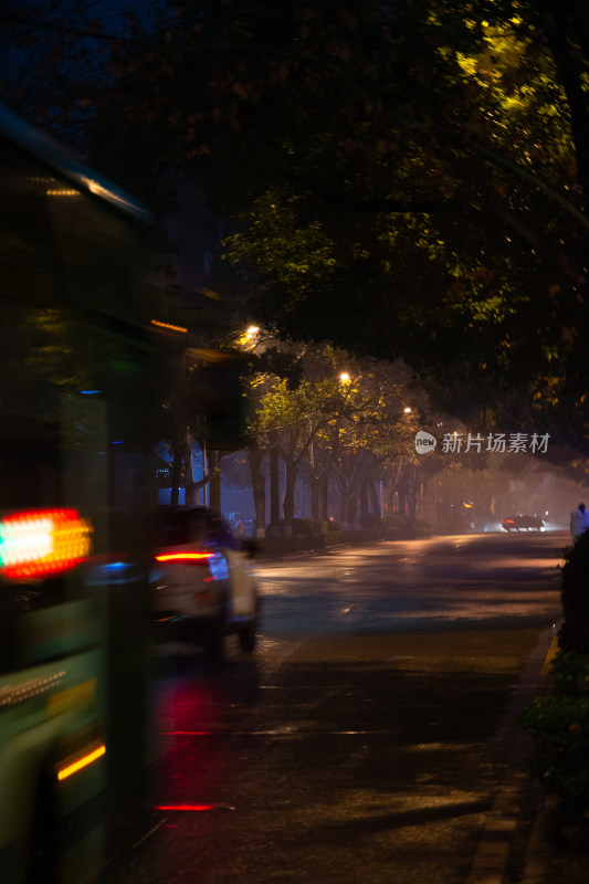 夜晚街道行驶的车辆与树木