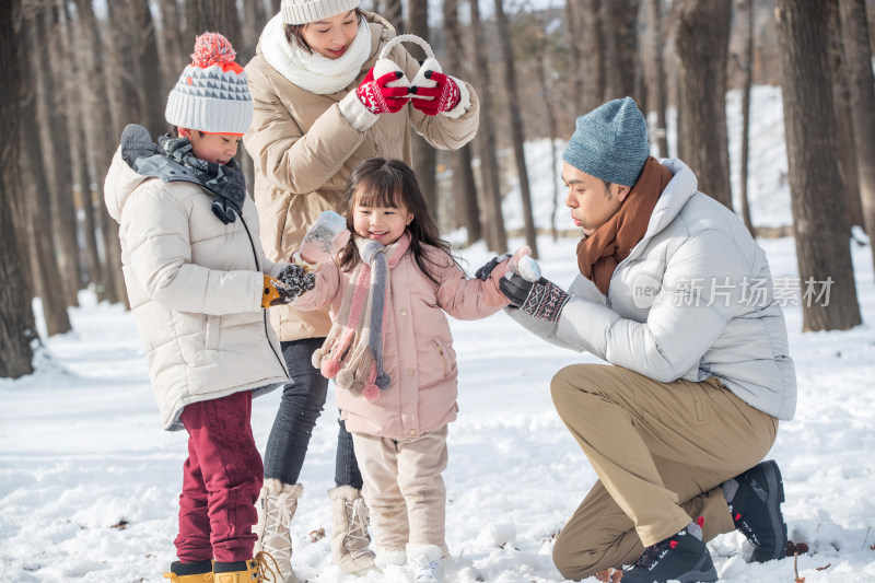 雪地里玩耍的一家人