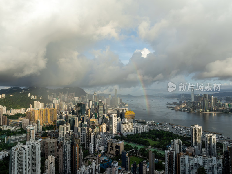 香港维多利亚港CBD中环日出高空航拍