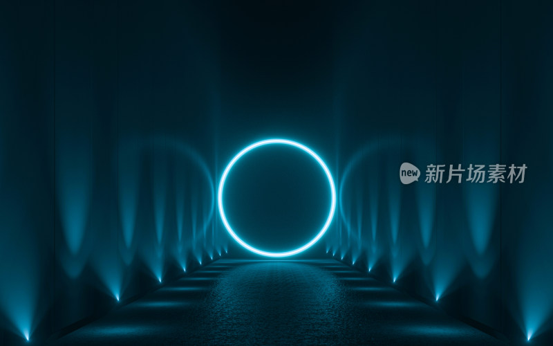 蓝色光影隧道与发光圆环