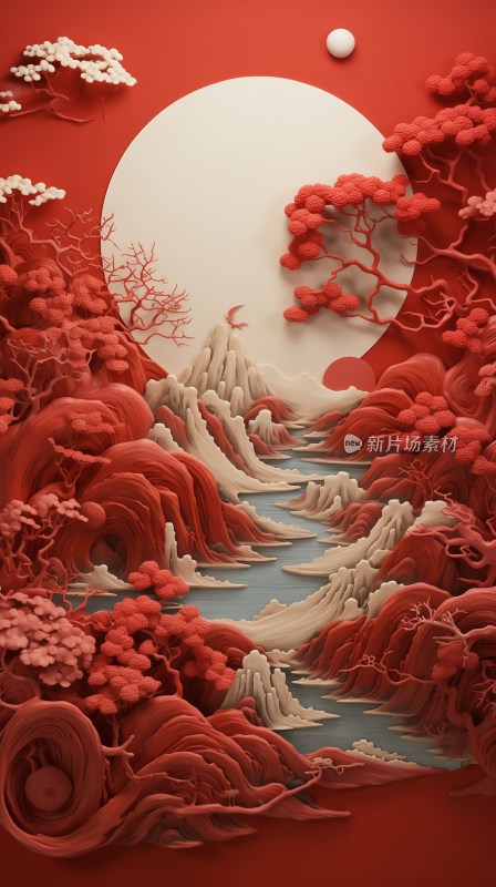 3D中国风红色国潮水墨画古风背景