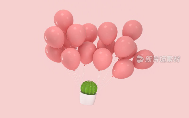 气球吊起的仙人球 3D渲染