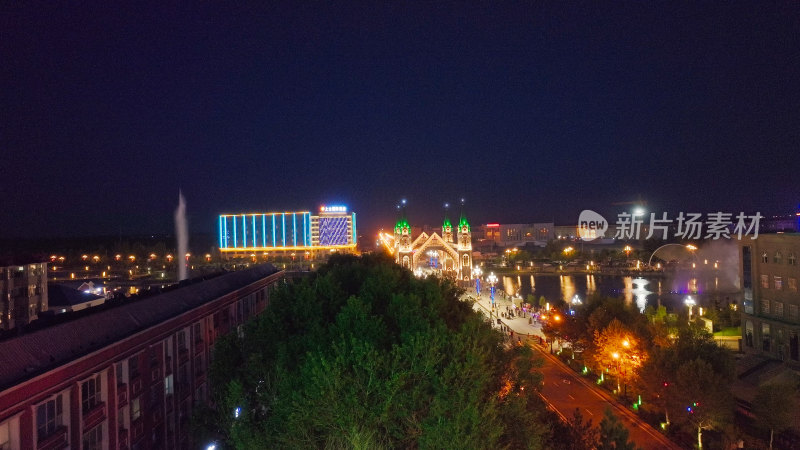 新疆阿勒泰布尔津城市夜景航拍