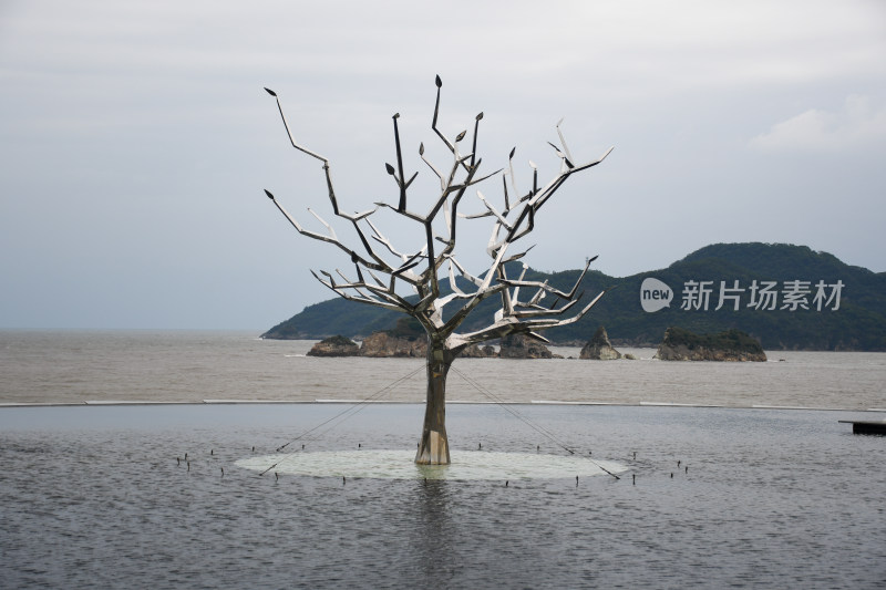 水域中造型独特的枯树雕塑