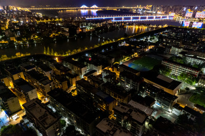 湖北襄阳城市夜景古城现代建筑航拍