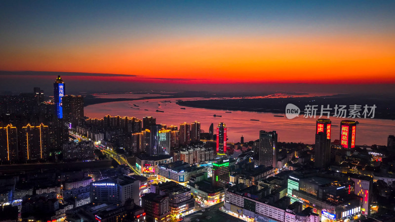 安徽芜湖城市晚霞夜景灯光航拍