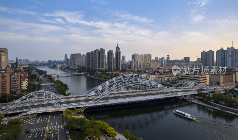 天津海河风景直沽桥城市建筑风光航拍