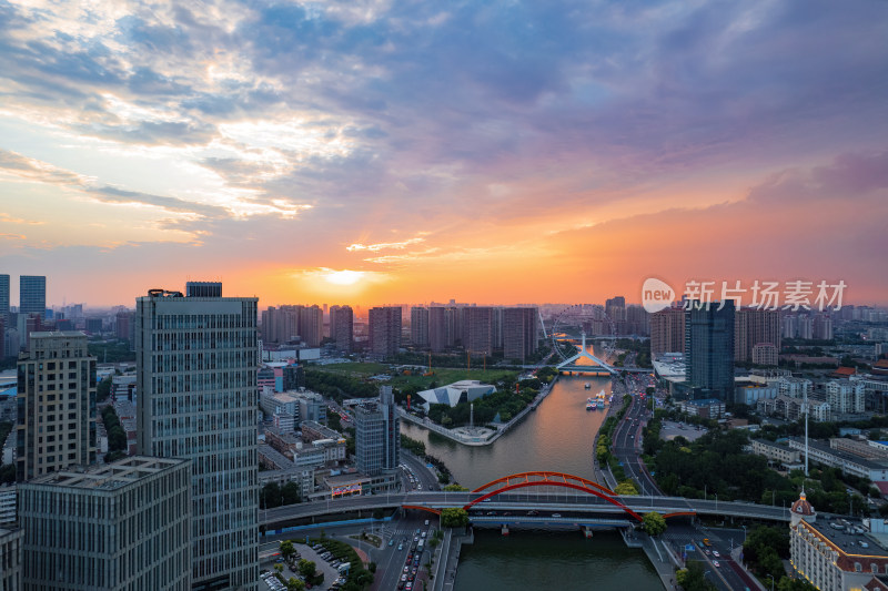 海河天津之眼旅游景区城市日落晚霞夜景航拍