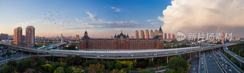 天津海津大桥海河城市地标建筑日落全景风光