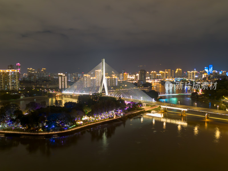 航拍福州城市夜景下与繁华立交桥及周边建筑