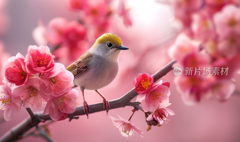 春日小鸟桃花盛开浪漫花朵枝头黄雀背景