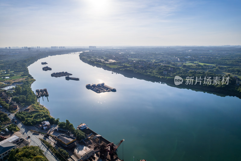 航拍湘江风光夏日早晨