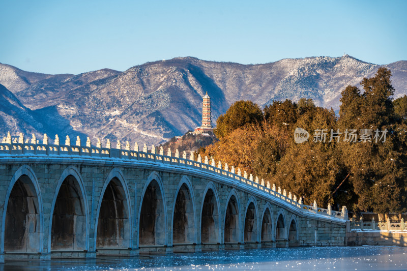 北京颐和园十七孔桥南湖岛玉泉山同框雪景