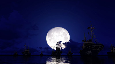 月亮 深夜航行的船只