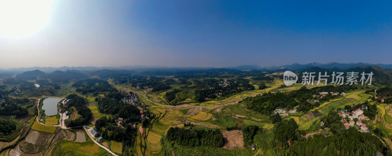 山川丘陵金黄稻田美丽乡村全景图航拍