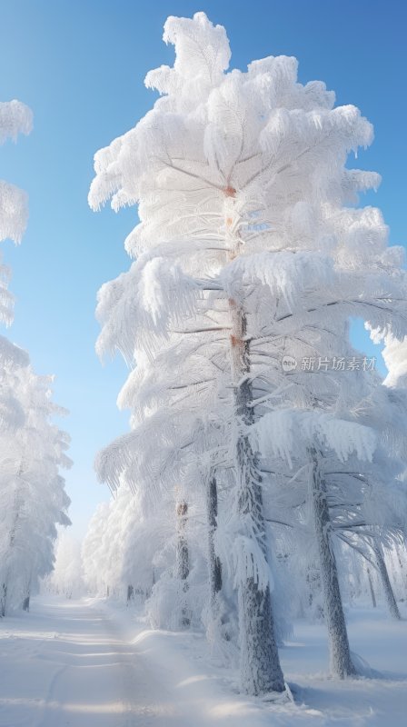 冬季雪山林中被冰雪覆盖着的树