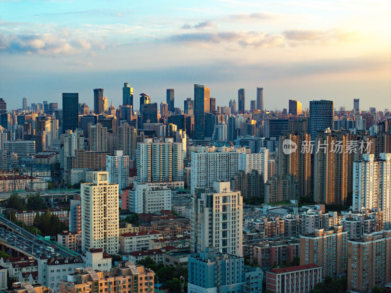 航拍上海浦西CBD高楼城市傍晚风光