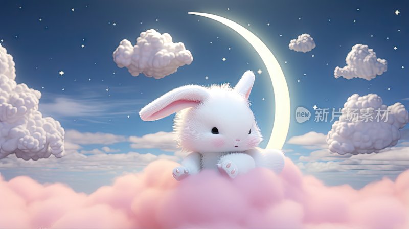 3D卡通可爱的兔子趴在云上插画