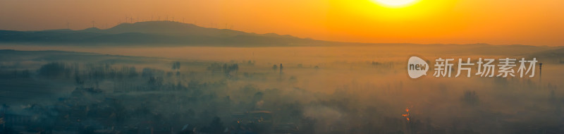 乡村清晨日出晨雾航拍全景