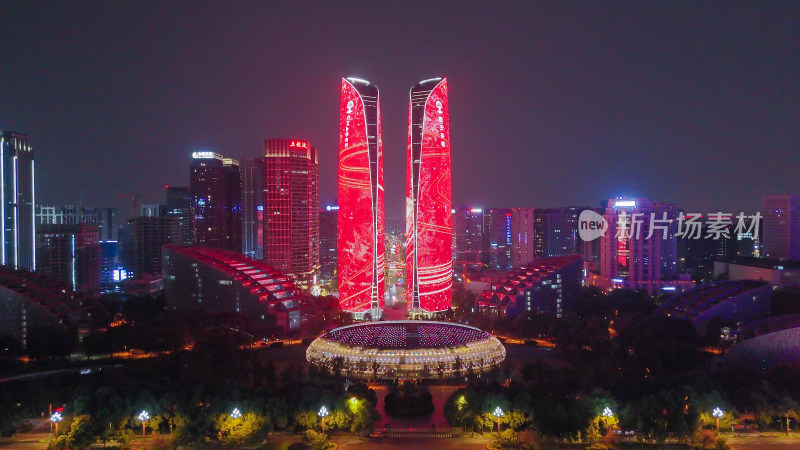 航拍成都天府新城成都双子塔夜景