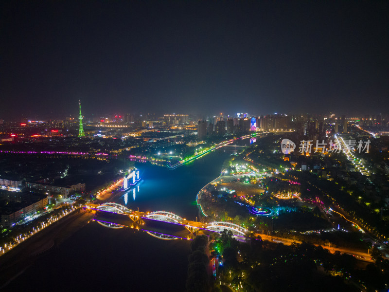 航拍河南漯河沙澧河风景区夜景