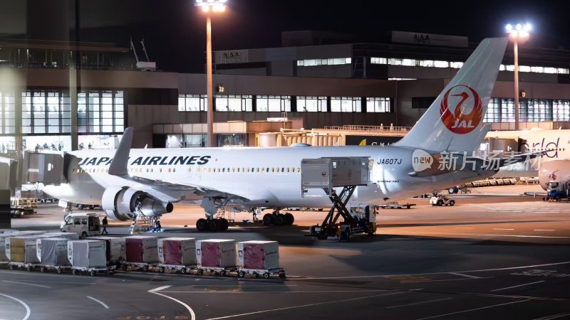 日本航空飞机在机场夜间停靠景象