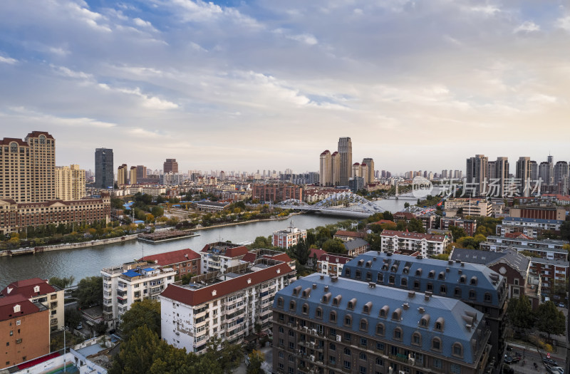 天津海河风景直沽桥城市日落建筑风光航拍