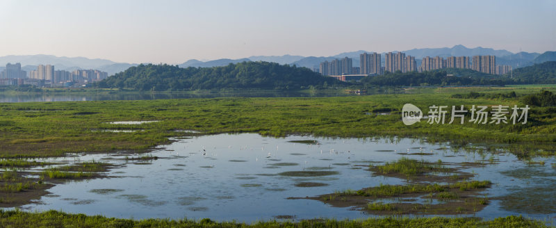 杭州余杭南湖景区晨曦风光航拍