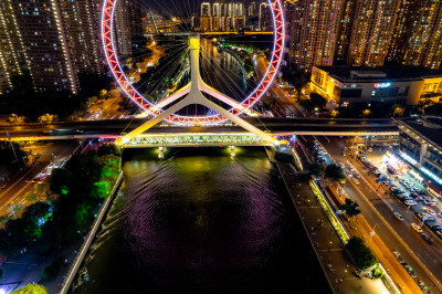 天津之眼周边夜景交通航拍图