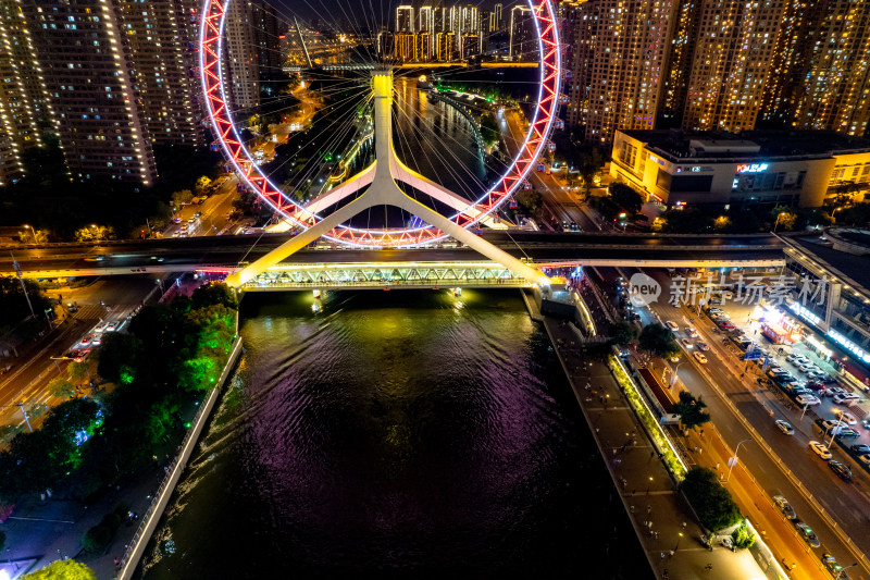 天津之眼周边夜景交通航拍图