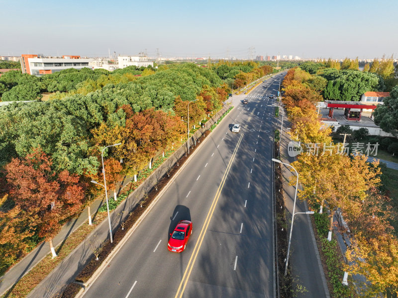 航拍道路上的秋冬景观