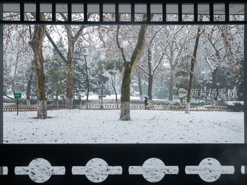 雪中公园景致透过围栏框架的视角呈现