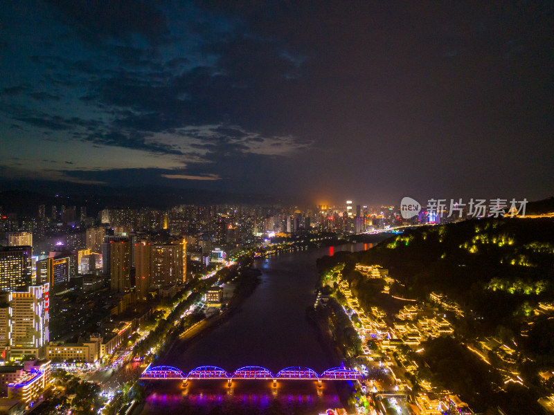 兰州夜景黄河两岸航拍图