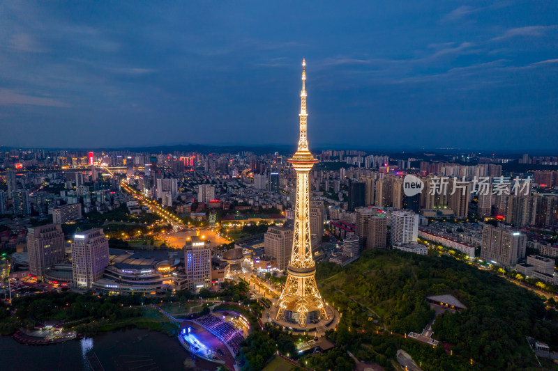 中国湖南省株洲市天元区神农塔夜景航拍